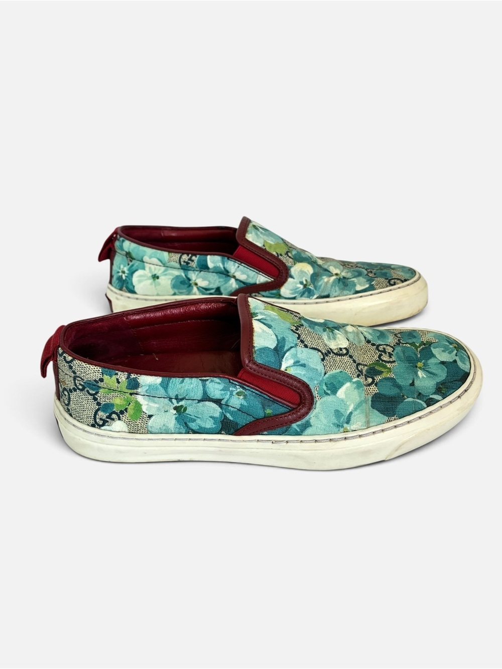 Gucci Floral Slip-On Sneakers in Teal and Burgundy - Picture 2 of 6
